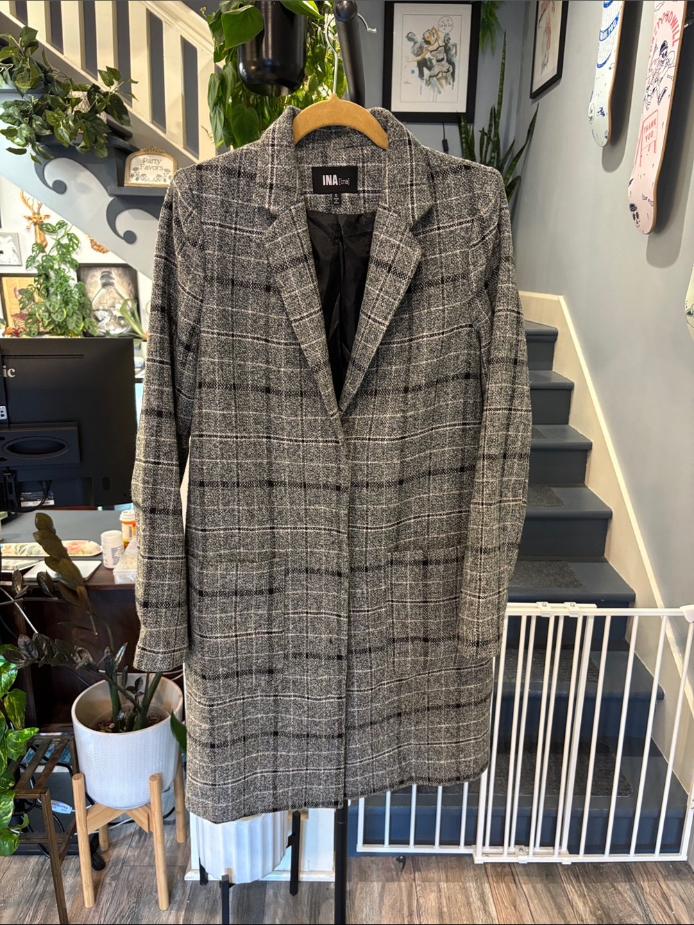 INA Grey Plaid Long Blazer Coat